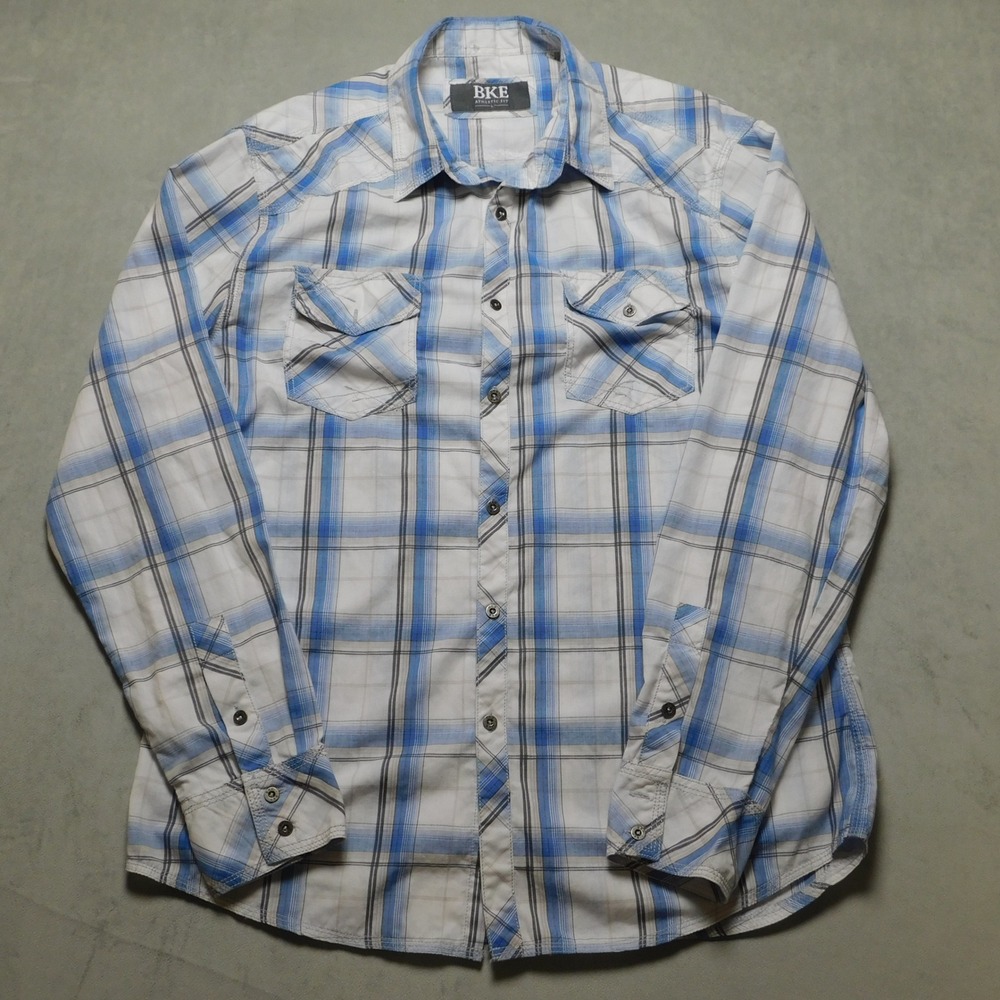 BKE Athletic Fit Mens Large Blue Plaid Western Long Sleeve Button Down Shirt